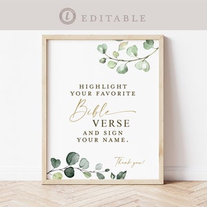 Highlight Your Favorite Bible Verse Guestbook Sign Printable Template . Greenery Gold . Baby Bridal Shower . Instant Download Templett G2-T