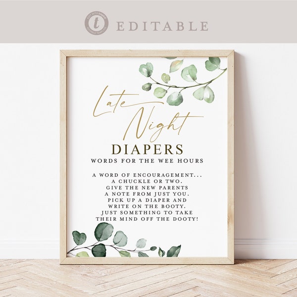 Late Night Diapers Baby Shower Game Sign 8x10 . Gender Neutral . Greenery Gold . PRINTABLE Editable Template Instant Download Templett G2-T