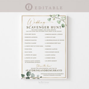 Wedding Scavenger Hunt Game . Personalized Reception Games . Greenery + Gold . PRINTABLE Editable Template Instant Download Templett G2-T