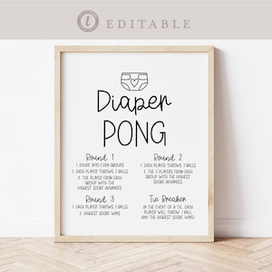 Diaper Pong Baby Shower Game Table Sign . Boy Girl Neutral . Kraft + Black/White . PRINTABLE Editable Template Instant Download Templett