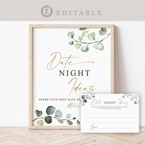 Date Night Ideas for the Couple . Bridal Shower Wedding Game . Greenery + Gold . PRINTABLE Editable Template Instant Download Templett G2-T
