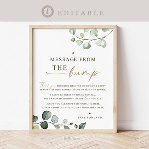 A Message From the Bump . Personalized Baby Shower Bump Sign . Greenery + Gold . PRINTABLE Editable Template Instant Download Templett G2-T