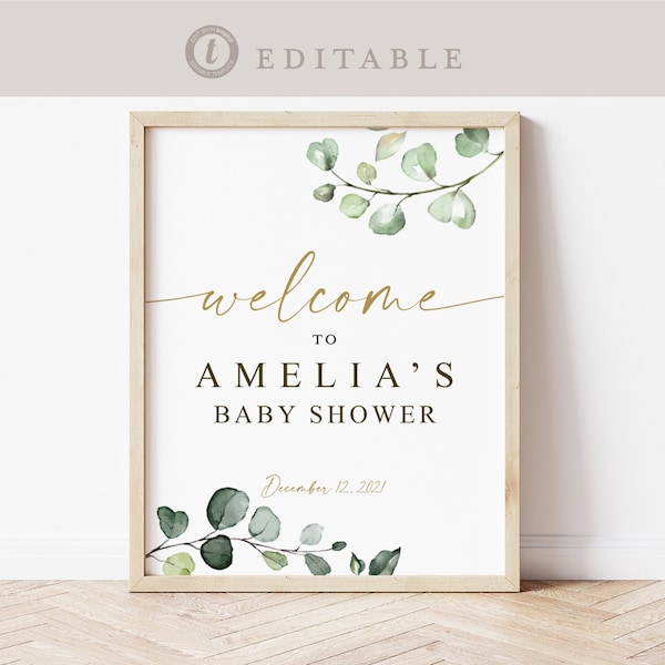 Baby Shower Welcome Sign Personalized Template . Greenery + Gold . PRINTABLE Editable Welcome Poster . Instant Download Templett Template