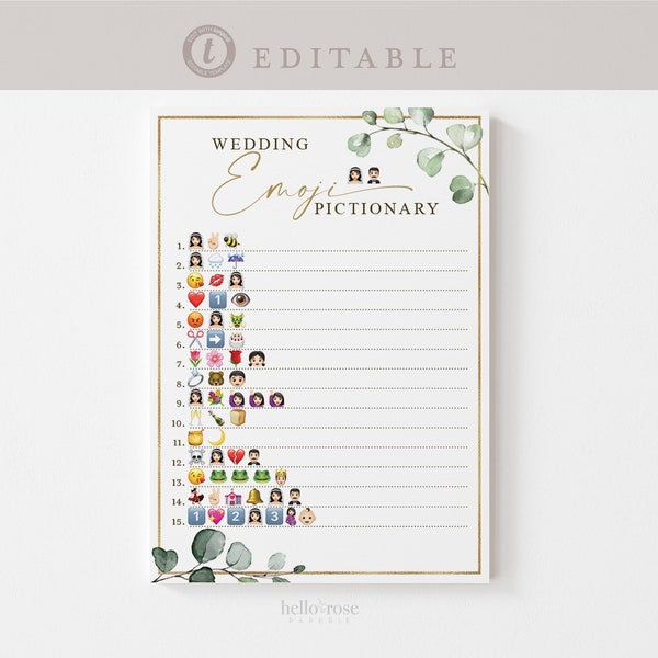 Wedding Emoji Pictionary Bridal Shower Bachelorette Game . Greenery + Gold . PRINTABLE Editable Template Instant Download Templett G2-T