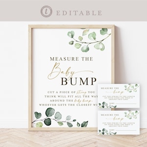 Measure the Baby Bump Baby Shower Game Sign + Cards . Boy Girl Neutral . Greenery Gold . PRINTABLE Editable Template Download Templett G2-T