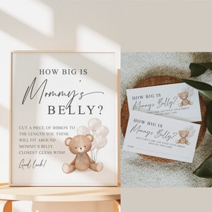 How Big is Mommys Belly Printable Sign + Cards, Teddy Bear with White Balloons, Boy Girl Baby, Can Bearly Wait, Template Download Templett