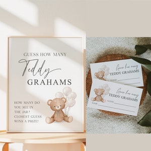 Guess How Many Teddy Grahams Baby Shower Game, Teddy Bear with WHITE Balloons, Gender Neutral,  We Can Bearly Wait, Template Download