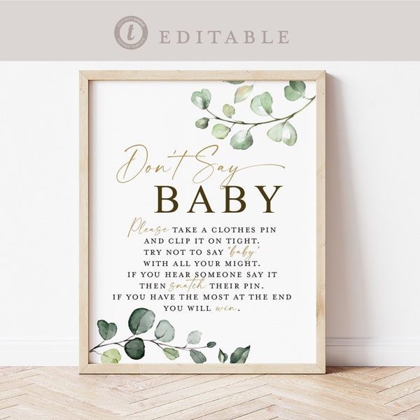 Don't Say Baby Game Table Sign . Boy Girl Neutral Baby Shower . Greenery Gold . PRINTABLE Editable Template Instant Download Templett G2-T