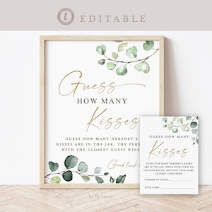 Guess How Many Kisses . Bridal Shower Wedding Game . Greenery + Gold . PRINTABLE Editable Template Instant Download Templett G2-T