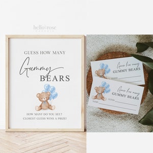 Guess How Many Gummy Bears Baby Shower Game, Teddy Bear Boy with Blue Balloons, Couples Shower, Baby Sprinkle, Template Download Templett