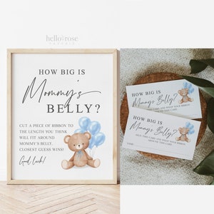 How Big is Mommys Belly Printable Sign + Cards, Teddy Bear with Blue Balloons, Boy Baby Shower, Can Bearly Wait, Template Download Templatt