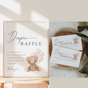 Diaper Raffle Baby Shower Game Sign + Cards, Teddy Bear Girl with White Balloons, Couples Shower, Baby Sprinkle, Template Download Templett