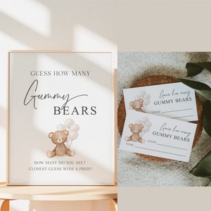 Guess How Many Gummy Bears Baby Shower Game, Teddy Bear with White Balloons, Girl Boy Shower, Baby Sprinkle, Template Download Templett