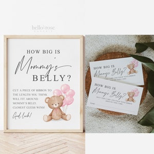 How Big is Mommys Belly Printable Sign + Cards, Teddy Bear with Pink Balloons, Girl Baby Shower, Can Bearly Wait, Template Download Templatt