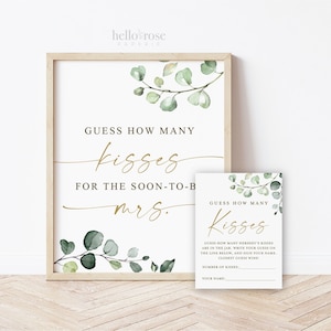 Guess How Many Kisses for the Soon-to-be Mrs Cards and Sign Printable . Greenery and Gold . Bridal Shower . Instant Digital Download G2