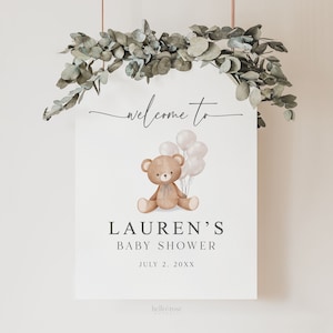 Editable Welcome Sign Teddy Bear with Bow and White Balloons, Girl Boy Neutral Baby Shower Sprinkle,  We Can Bearly Wait, Template Download
