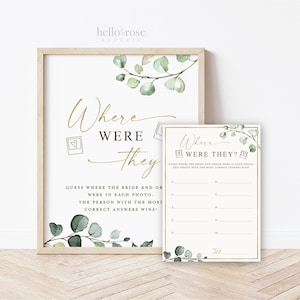 Where Were They Game Cards + Sign Printable . Where in the World . Greenery + Gold . Bridal Shower Bachelorette Party . Instant Download G2