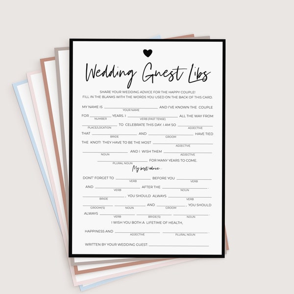 Wedding Guest Libs Game . FULLY EDITABLE . Printable Funny Wedding Advice Mad Libs . Minimalist Personalized . Download Template Templett