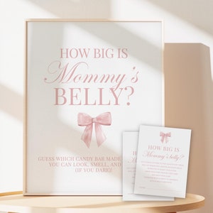 ¿Qué tan grande es la barriga de mamá? Juego de baby shower con lazo rosa, juego de adivinar el tamaño de la barriga, niña, plantilla editable, descarga digital TEMPLETT