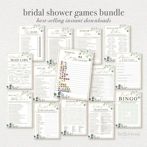 May include: A set of printable bridal shower games with a green and gold floral theme. The games include "He Said She Said", "Wedding Shoe Game", "Over or Under", "Would She Rather", "Wedding Mad Libs", "Find the Guest", "Wedding Emoji Pictionary", "Do You Know the Couple Best", "Does the Bride Really Know the Groom", "Bridal Word Scramble", "Wedding Word Search", "Wedding Traditions", "Advice & Well Wishes", and "Bridal Bingo".