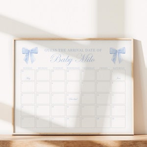 Blue Bow Guess the Due Date Calendar Boy Baby Shower Game Sign, Guess the Arrival Date, Bow Shower Decor, Template Instant Download TEMPLETT