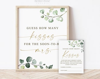 Guess How Many Kisses for the Soon-to-be Mrs Cards and Sign Printable . Greenery and Gold . Bridal Shower . Instant Digital Download G2