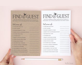 Find the Guest Who Printable Bridal Shower Game . Icebreaker . Kraft + Minimalist Black & White . Wedding Shower . Instant Digital Download