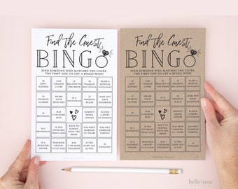 Encuentra el juego de despedida de soltera imprimible Guest BINGO. Divertido rompehielos. Kraft + Minimalista Negro Blanco. Compromiso de boda. Descarga instantánea