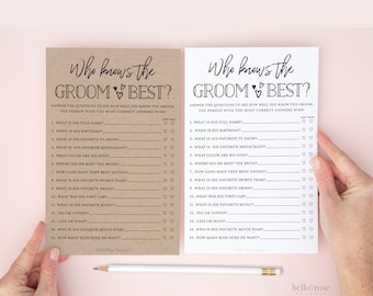 ¿Quién conoce mejor al novio? Juego de ducha para parejas de bodas imprimibles. Kraft + Minimalista Blanco y Negro. Descarga digital instantánea PDF
