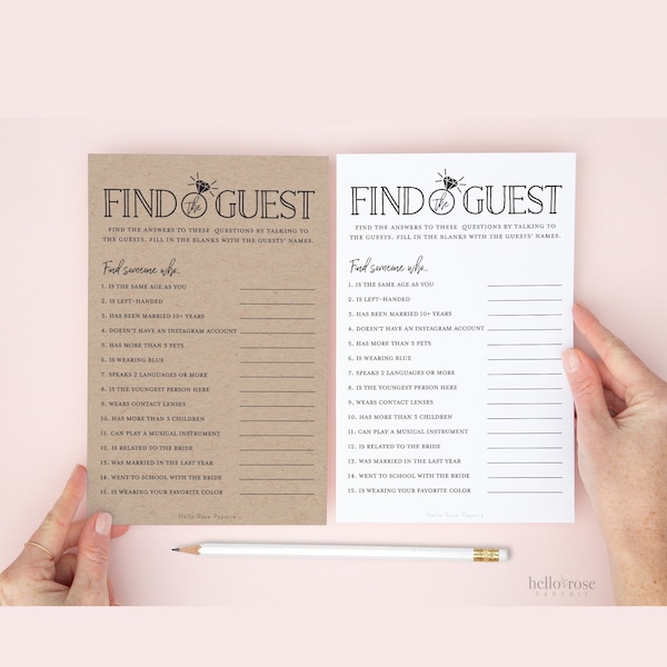 Find the Guest Who Printable Bridal Shower Game . Icebreaker . Kraft + Minimalist Black & White . Wedding Shower . Instant Digital Download