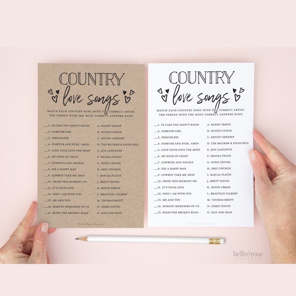 Country Love Songs Trivia Printable Game . Bridal Wedding Couples Shower . Kraft + Minimalist Black and White . Instant Digital Download