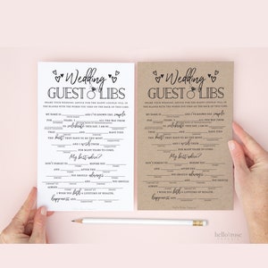 Libs degli invitati al matrimonio Stampabile Consigli di matrimonio divertenti Gioco Mad Libs. Festa di fidanzamento . Kraft + Minimalista Nero Bianco. Download istantaneo