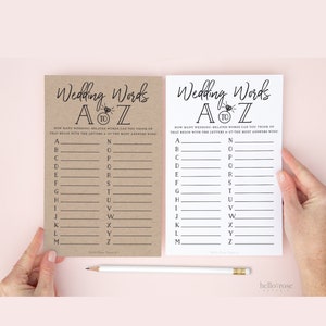 Mots de mariage A-Z Jeu de douche nuptiale imprimable. Enterrement de vie de jeune fille. Kraft rustique + blanc noir minimaliste. Téléchargement numérique instantané