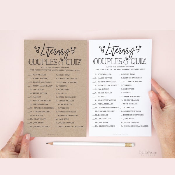 Literary Couples Quiz Trivia Game . Bridal Shower Wedding Printable . Rustic Kraft + Minimalist Black and White . Instant Digital Download