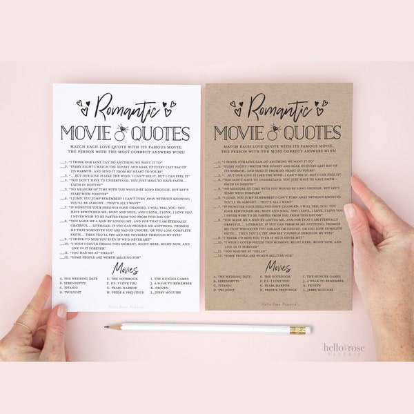 Romantic Movie Love Quotes Printable Game . Bridal Shower Wedding Bachelorette . Kraft + Minimalist Black + White . Digital Instant Download