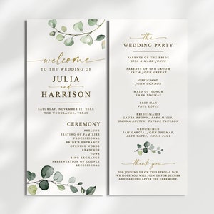 Plantilla editable para programa de boda. Programa de ceremonia. Boda bohemia moderna con vegetación y oro. Descarga instantánea imprimible TEMPLETT