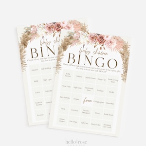 Baby Shower Bingo 50 vorgefüllte einzigartige druckbare Spielkarten. Präsentiert Geschenk Eröffnung Bingo Spiel. Pampasgras Pink Floral. Sofort Download