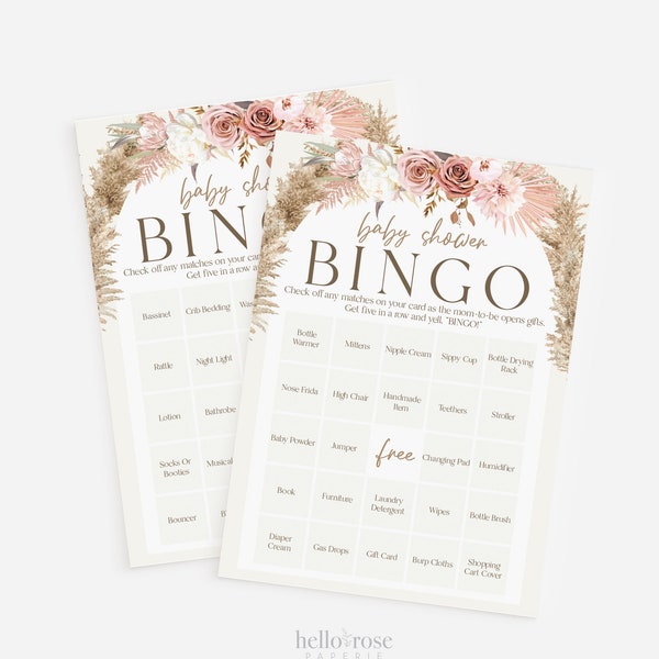 Baby Shower Bingo 50 Pre Filled Unique Printable Game Cards . Presents Gift Opening Bingo Game . Pampas Grass Pink Floral . Instant Download