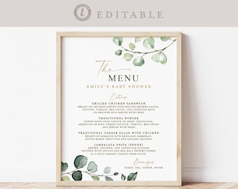 Menu Template Baby Shower . Greenery + Gold . Wedding Engagement Bridal Baby Shower Party . Editable Template Instant Download Templett G2-T