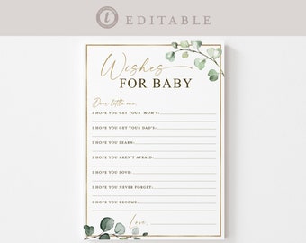 Wishes for Baby Personalized Printable Game . Gender Neutral Greenery + Gold . PRINTABLE Editable Template . Instant Download Templett G2-T