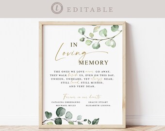 Può includere: Un cartello commemorativo stampabile con un design di ramo di eucalipto acquerellato verde. Il testo recita "In memoria affettuosa" e include una citazione sul fatto che coloro che amiamo non ci lasciano mai veramente. I nomi Catalina Orredando, Michael Mills, Gracie Stuart ed Elizabeth Lissina sono elencati sotto la citazione.