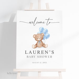 Editable Welcome Sign Teddy Bear with Blue Bow and Balloons, Boy Baby Shower Sprinkle, We Can Bearly Wait, Template Download TEMPLETT