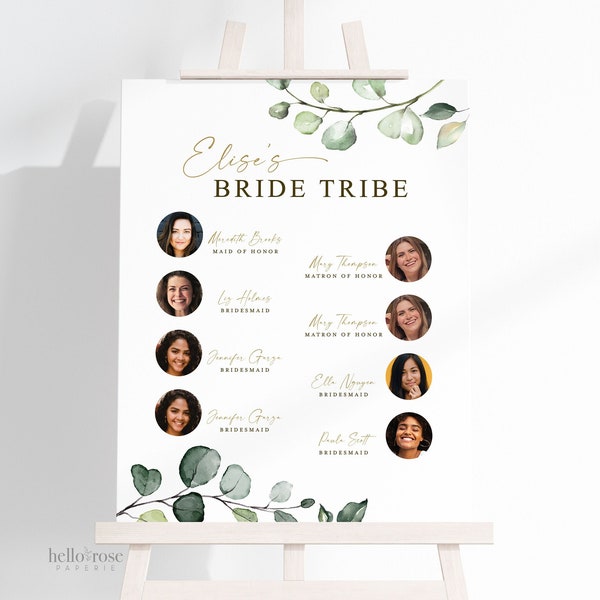 Bride Tribe Personalized Printable Sign . Meet the Maids . Bridesmaids Maid and Matron of Honor . Greenery and Gold . Digital Download