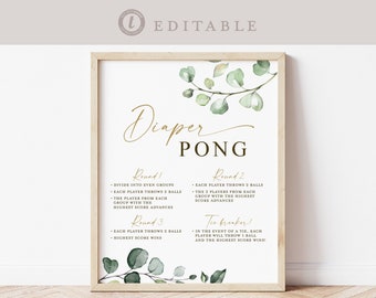 Diaper Pong Baby Shower Game Table Sign . Boy Girl Neutral . Greenery Gold . PRINTABLE Editable Template Instant Download Templett G2-T