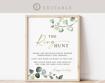 The Ring Hunt Game Sign . Bridal Shower Bachelorette Party . Greenery + Gold . PRINTABLE Editable Template Instant Download Templett G2-T
