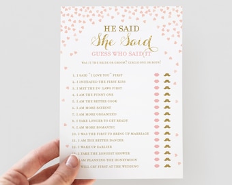 Er sagte, sie sagte, Brautparty-Spiel. Rosa und Gold Wedding Shower . Hens Party. Junggesellinnenabschied Spiel. Druckbare Instant Download