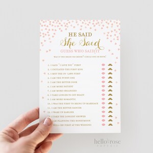 He Said She Said Bridal Shower Game . Pink and Gold Wedding Shower . Hens Party . Bachelorette Party Game . Printable Instant Download image 1