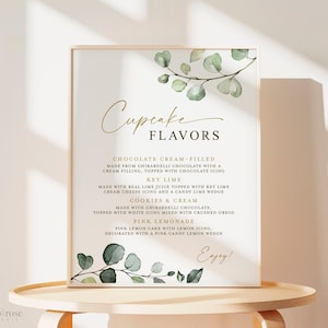 Cupcake Flavors Menu Personalized Printable Sign . Wedding Bridal Shower Engagement Party Rehearsal . Greenery + Gold .  Digital Download G2