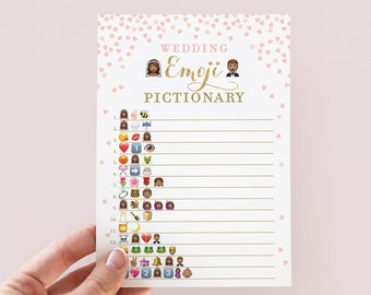 Boda Emoji Novia y novio negros. Juego Pictionary de Emoji de despedida de soltera de raza mixta. Juego de despedida de soltera imprimible en oro rosa. Descargar