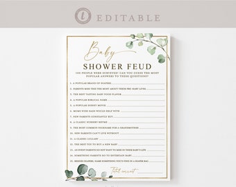 Baby Shower Feud Printable Game . Gender Neutral Greenery and Gold . PRINTABLE Editable Template . Instant Download Templett G2-T